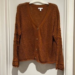 Lauren Conrad burnt orange crochet bell sleeve cardigan
